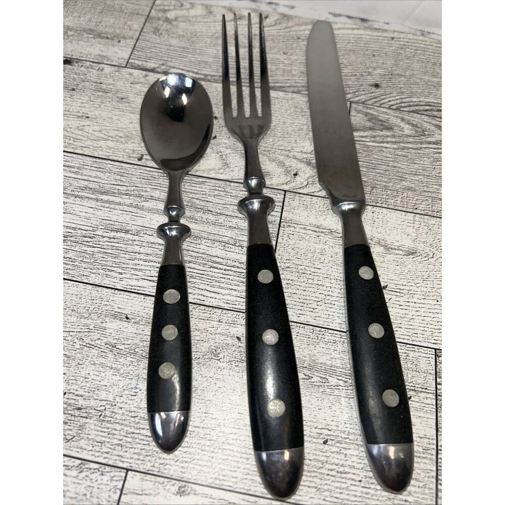 LC Germain Rostfrei Vintage Bistro Gem1 Black Rivet Fork Knife Teaspoon 3 Pc